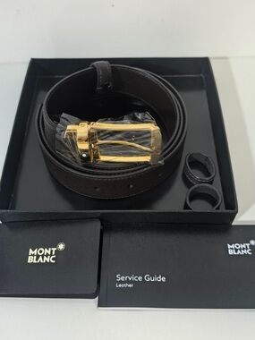 Montblanc Men's Dark Brown Leather Belt with Gold Buckle